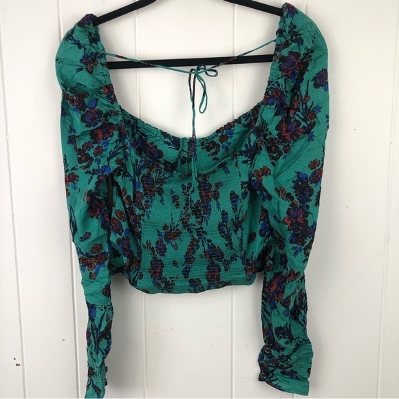 Free People Womens Hilary Printed Long Sleeve Green Floral Top Medium - Picture 4 of 13